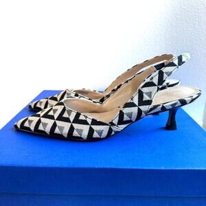Ann Taylor Geometric Pattern Slingback Kitten Heel Pumps Size 7.5 Black/Cream
